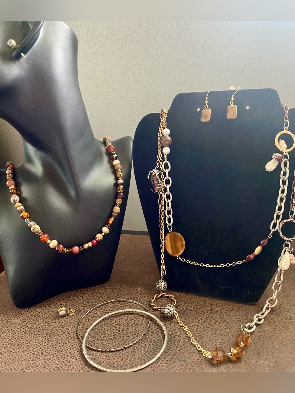 Long Boho Station & 20” beaded earth tone Necklaces, tiger eye earrings, bangles